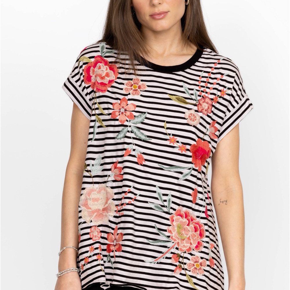Johnny Was “Joya” Relaxed Draped Tee Black and White Striped Floral Embroidery M